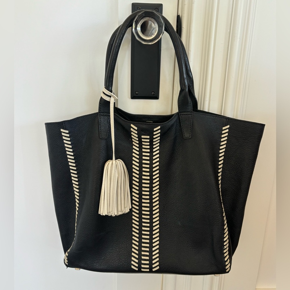 Unique Black Leather Tote Bag with White Whipstitch & Tassel Accent - Picture 6 of 6